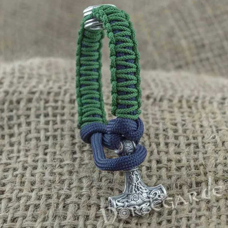 Handcrafted Lilypad Paracord Bracelet with Mjölnir and Rune - Sterling Silver