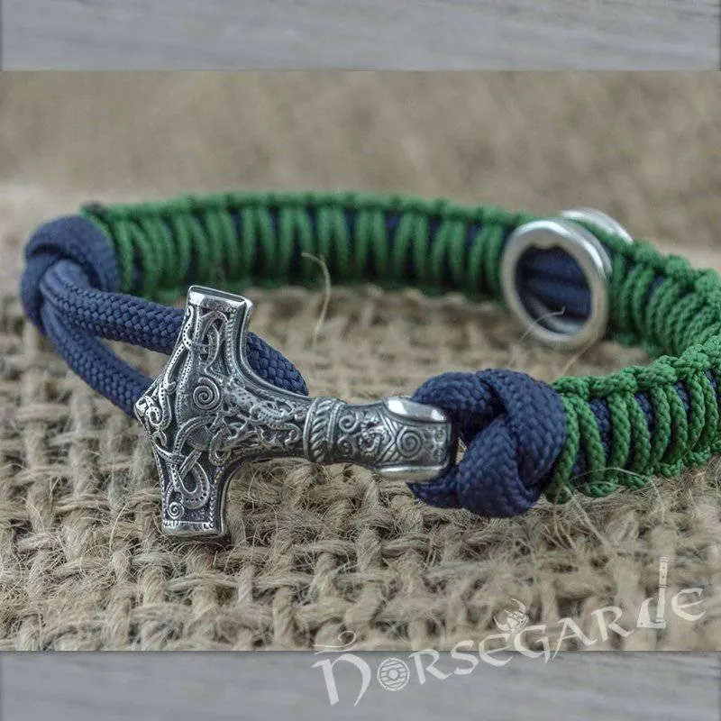 Handcrafted Lilypad Paracord Bracelet with Mjölnir and Rune - Sterling Silver