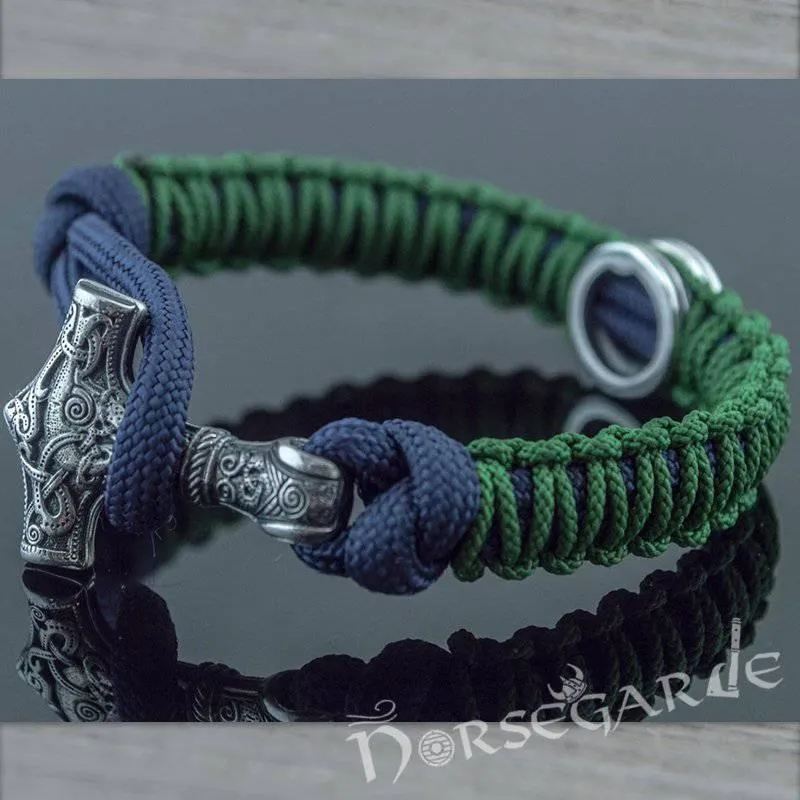 Handcrafted Lilypad Paracord Bracelet with Mjölnir and Rune - Sterling Silver