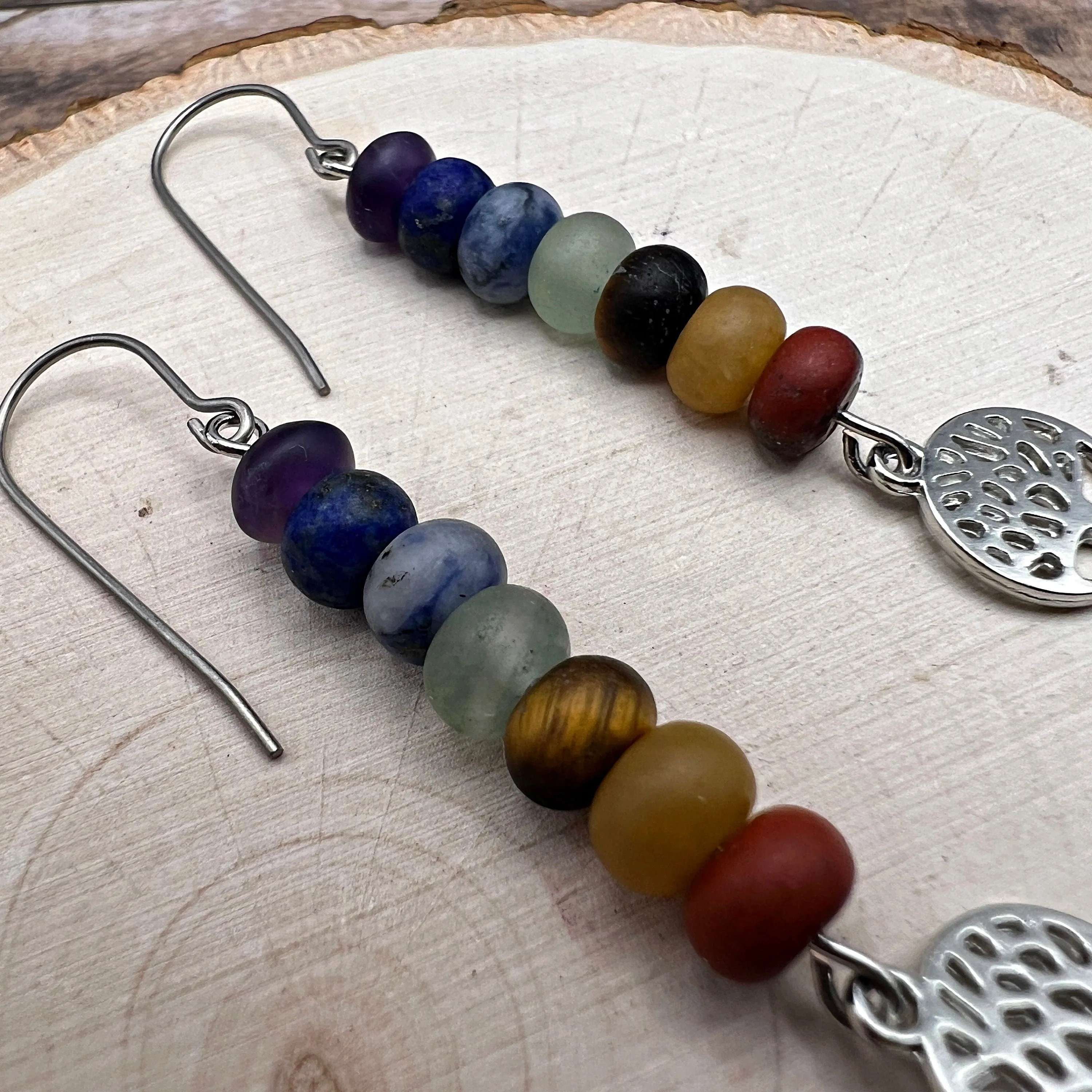 Handmade Seven Stone Natural Gemstone Beaded Titanium or Sterling Silver Earrings