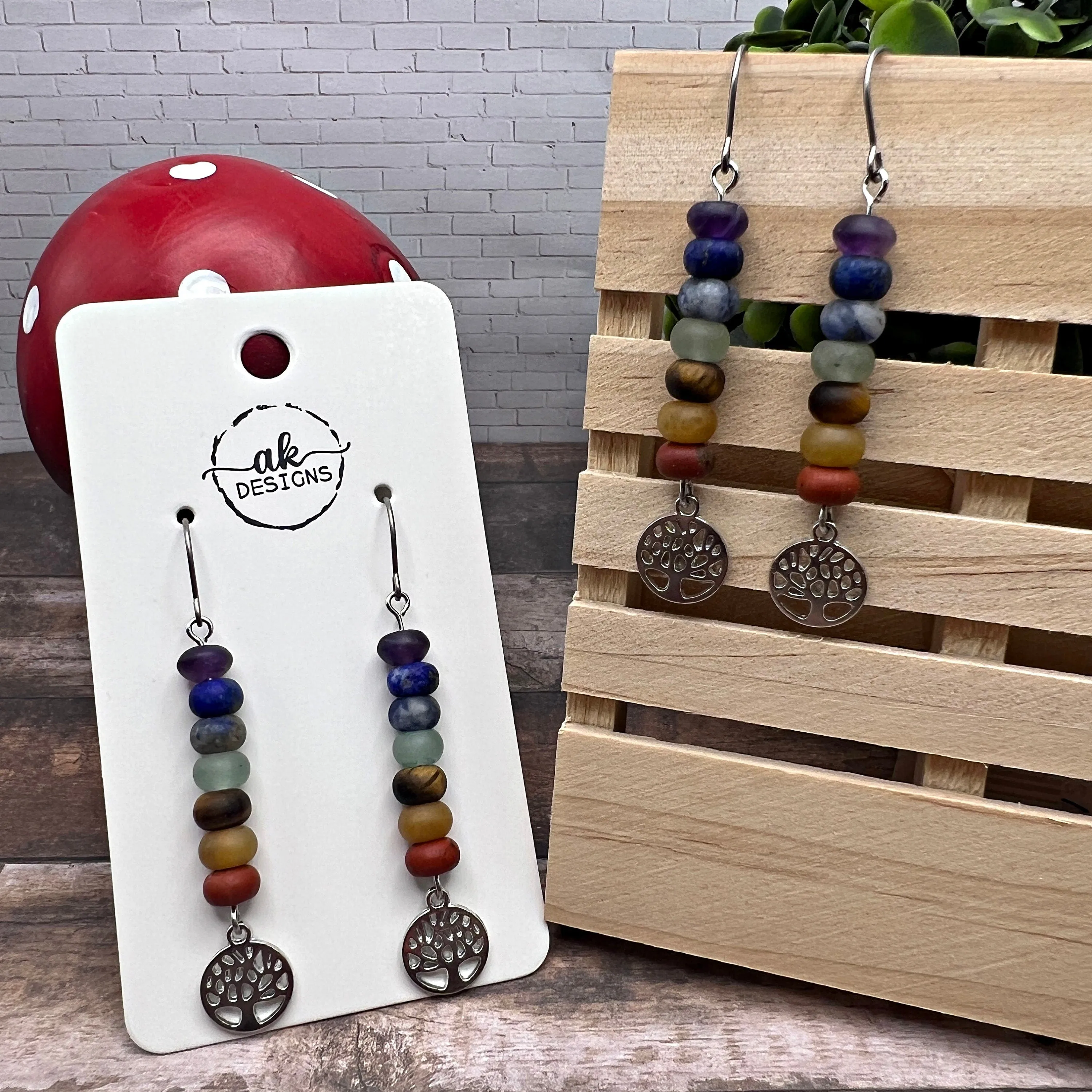 Handmade Seven Stone Natural Gemstone Beaded Titanium or Sterling Silver Earrings