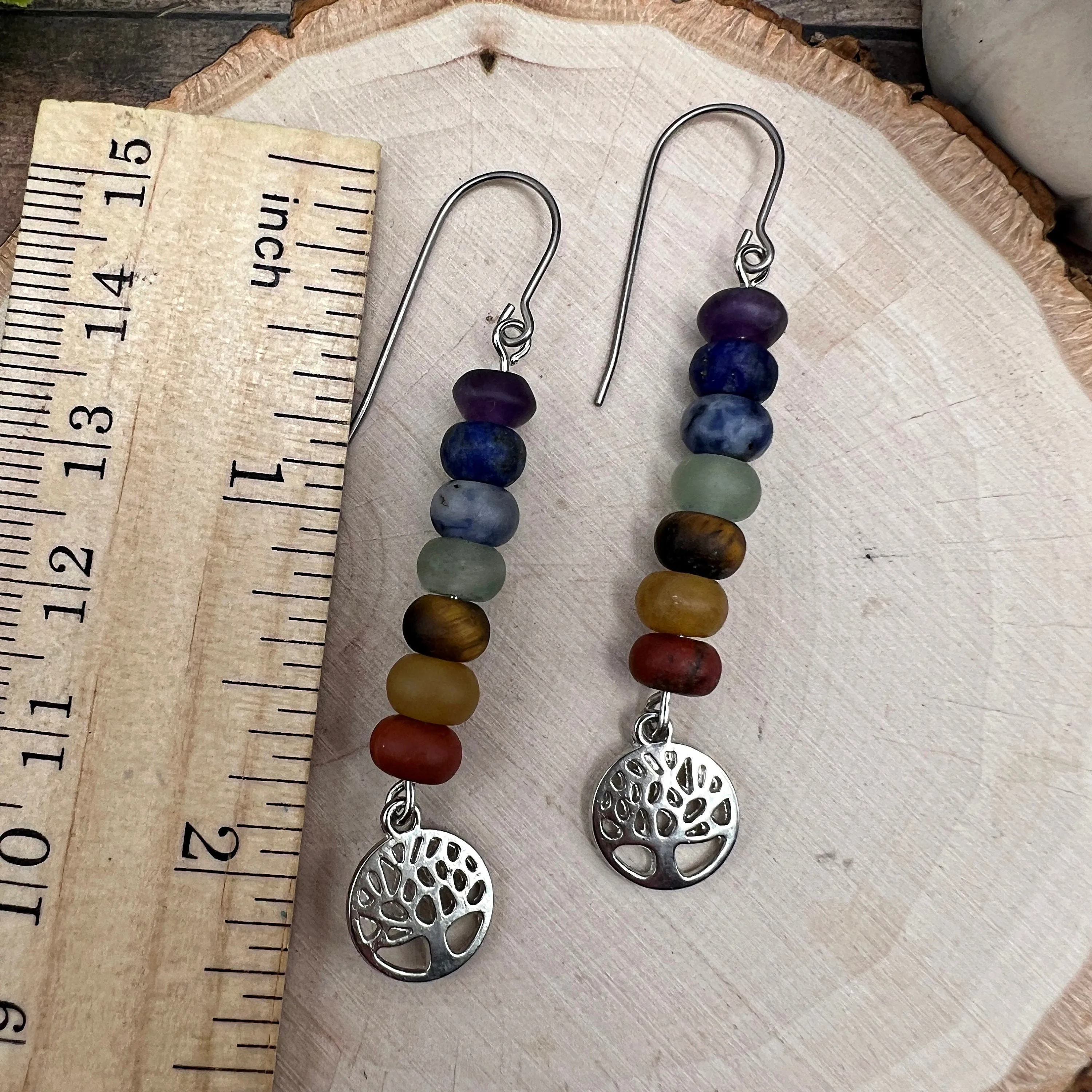 Handmade Seven Stone Natural Gemstone Beaded Titanium or Sterling Silver Earrings