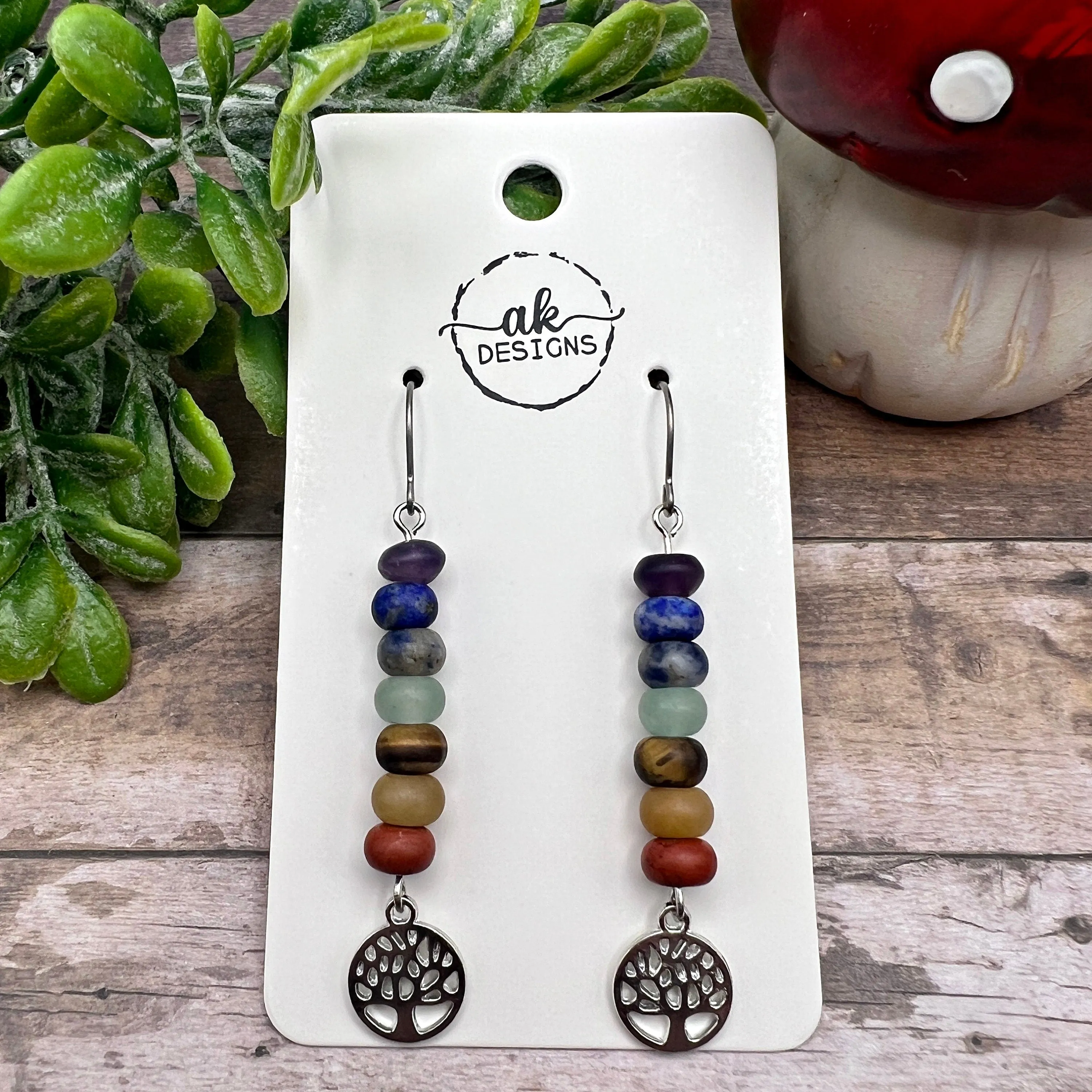 Handmade Seven Stone Natural Gemstone Beaded Titanium or Sterling Silver Earrings