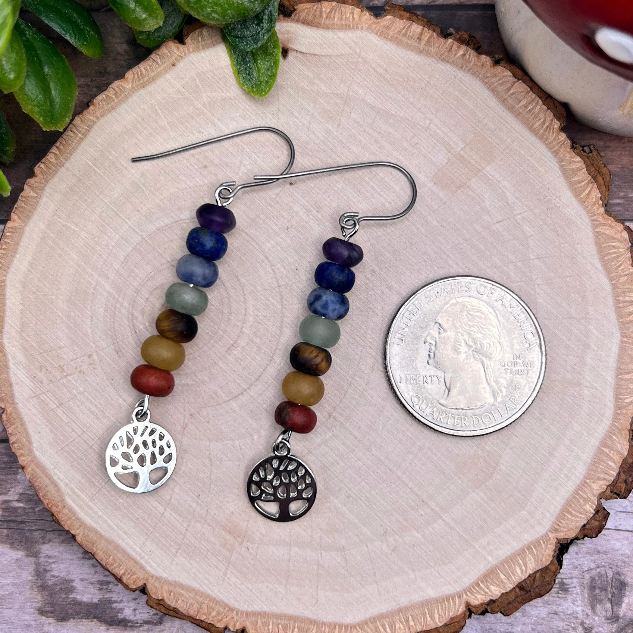 Handmade Seven Stone Natural Gemstone Beaded Titanium or Sterling Silver Earrings