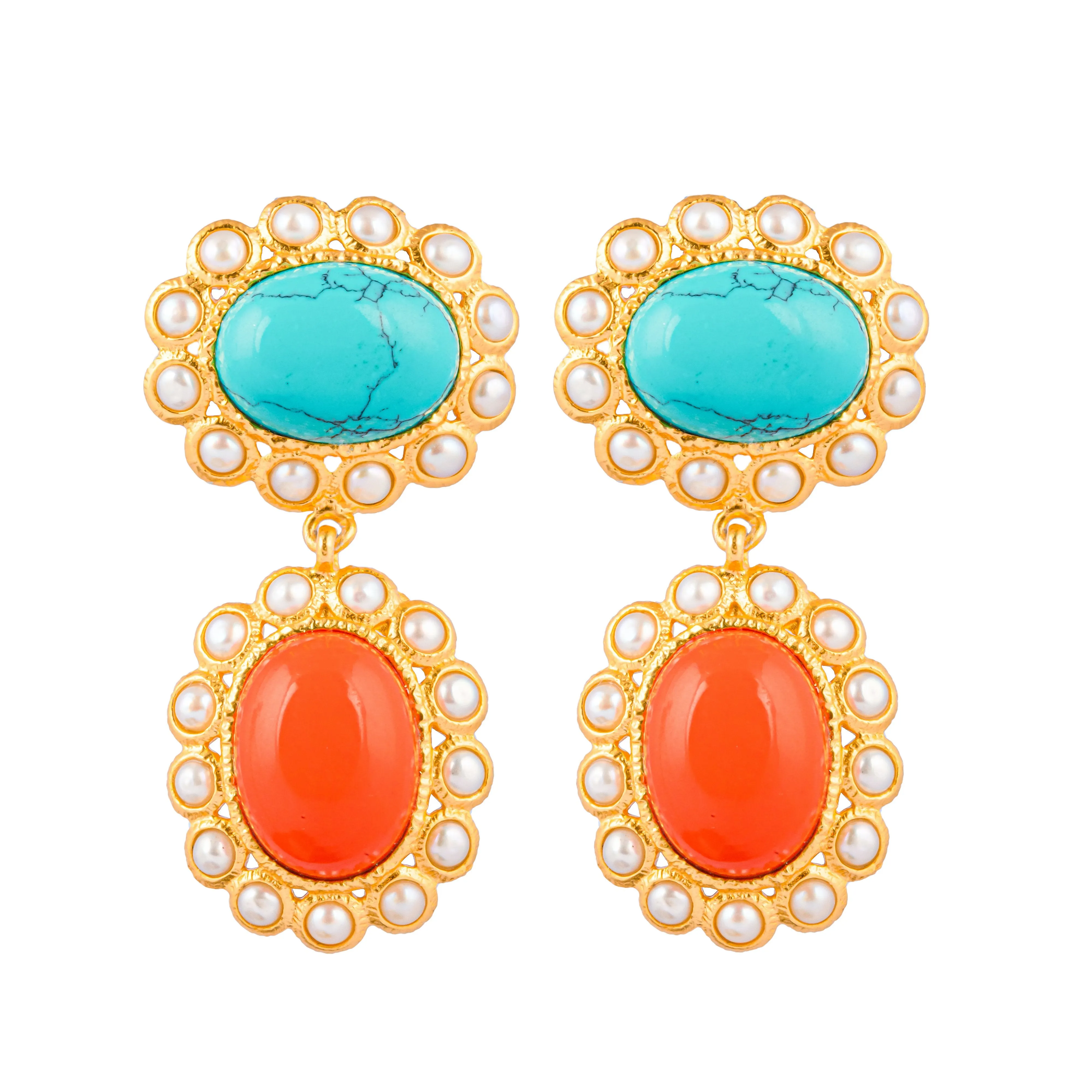 Hayman Earrings Turquoise/ Orange Coral/ Pearl