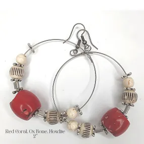 Hoop Earrings Red Coral, Ox Bone, Howlite