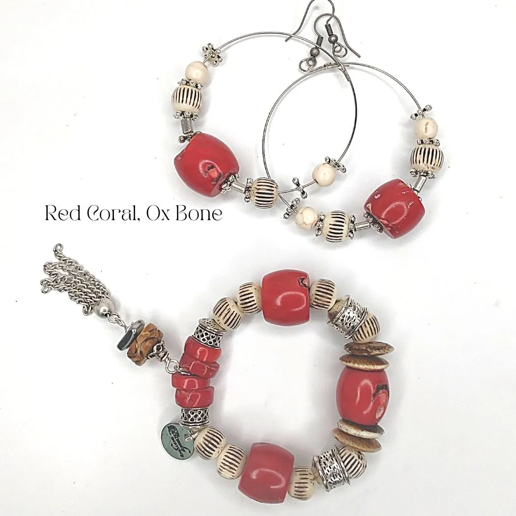 Hoop Earrings Red Coral, Ox Bone, Howlite