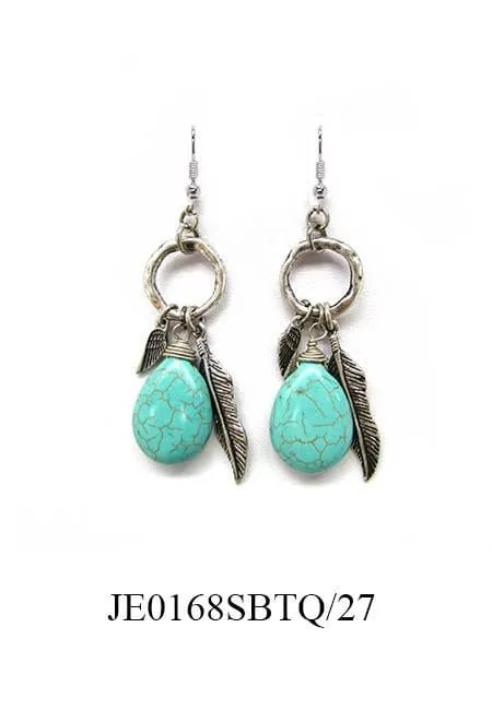 JE0168 Feather Turquoise Charm Dangle Earrings