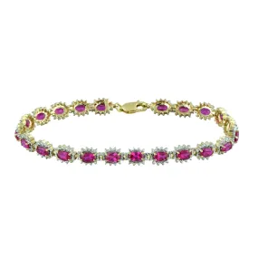 Jewelili 14K Yellow Gold Over Sterling Silver with Created Ruby and Round Diamonds Tennis Bracelet