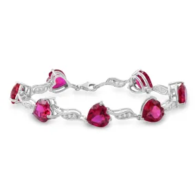 Jewelili Sterling Silver Heart Shaped Created Ruby and Round Created White Sapphire Bracelet, 7.25"