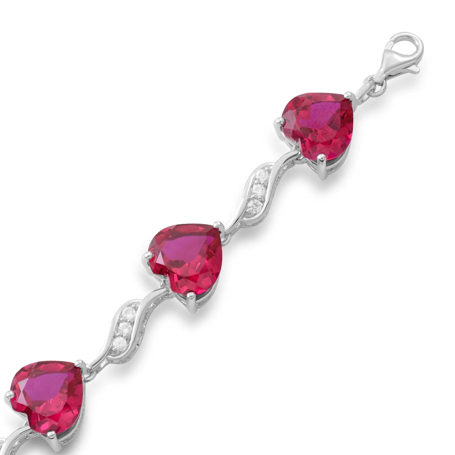 Jewelili Sterling Silver Heart Shaped Created Ruby and Round Created White Sapphire Bracelet, 7.25"