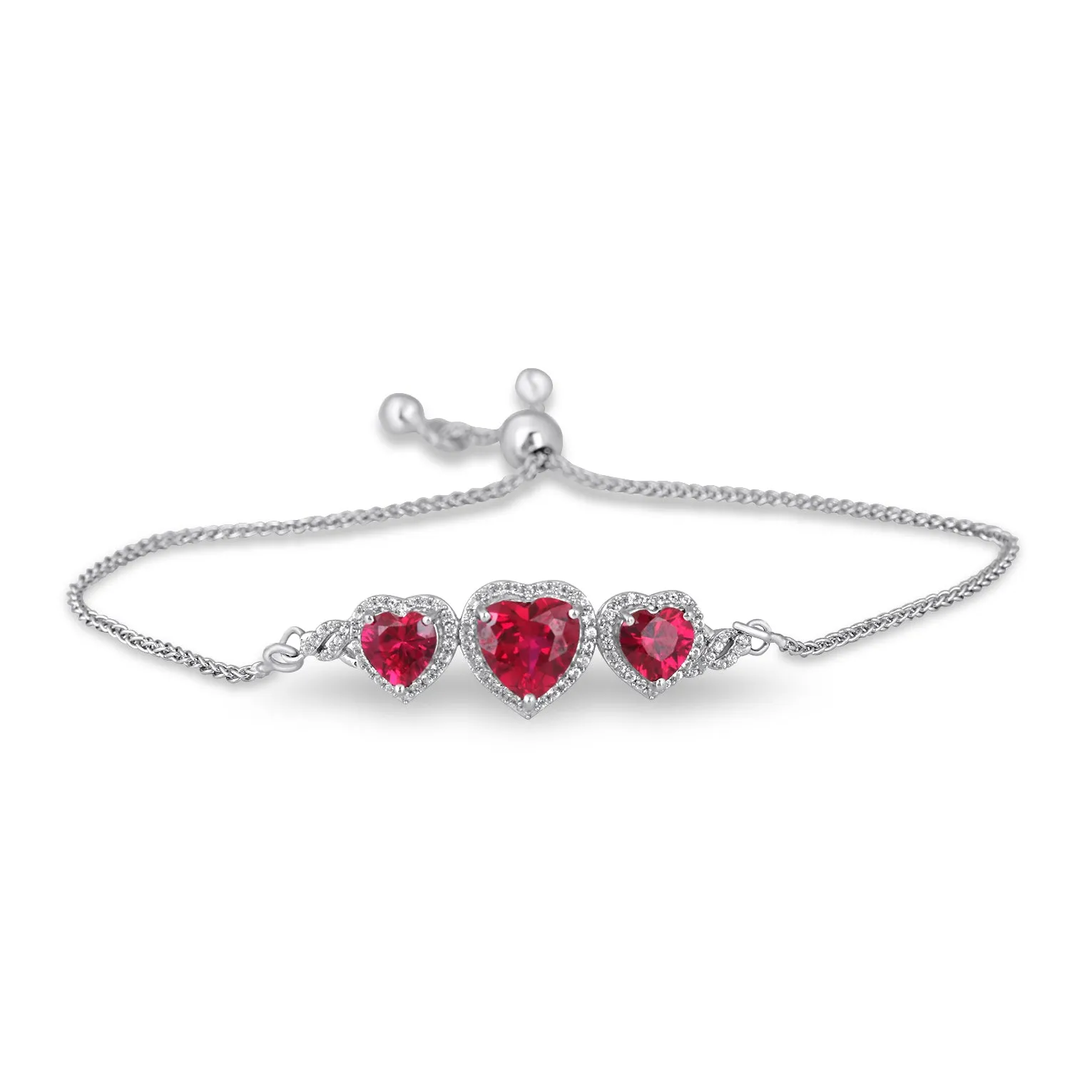 Jewelili Sterling Silver With Created Heart Ruby and Round Created White Sapphire Earrings, Bolo Bracelet and Pendant Necklace Box set