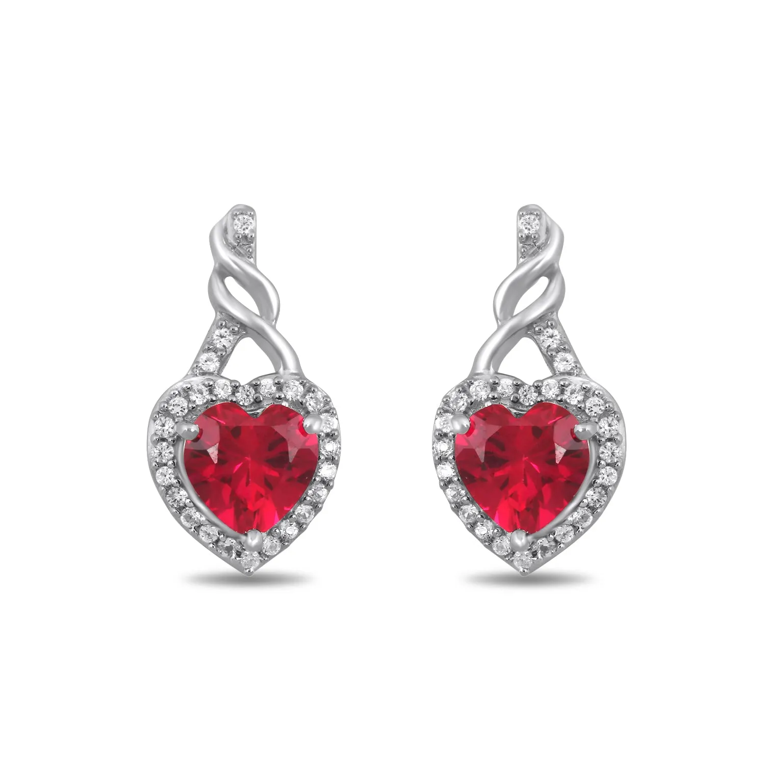 Jewelili Sterling Silver With Created Heart Ruby and Round Created White Sapphire Earrings, Bolo Bracelet and Pendant Necklace Box set