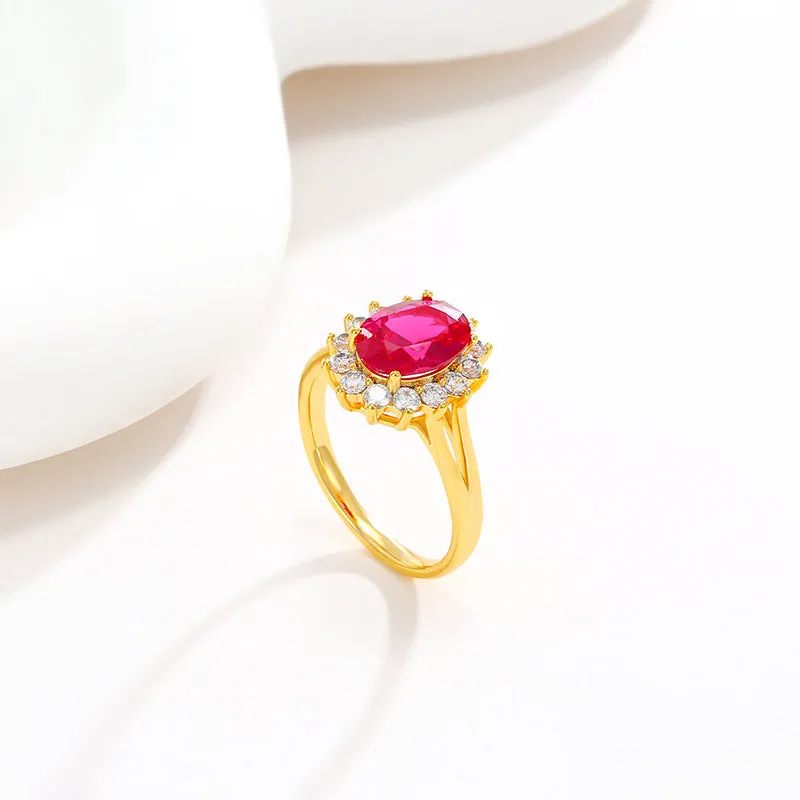 Jewelry plated 24K gold oval retro imitation ruby female alloy ring exquisite and atmospheric foreign trade model