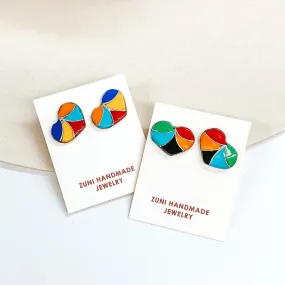 Karen Lalio | Zuni Handmade Sterling Silver Heart Stud Earrings with Multi Color Stone