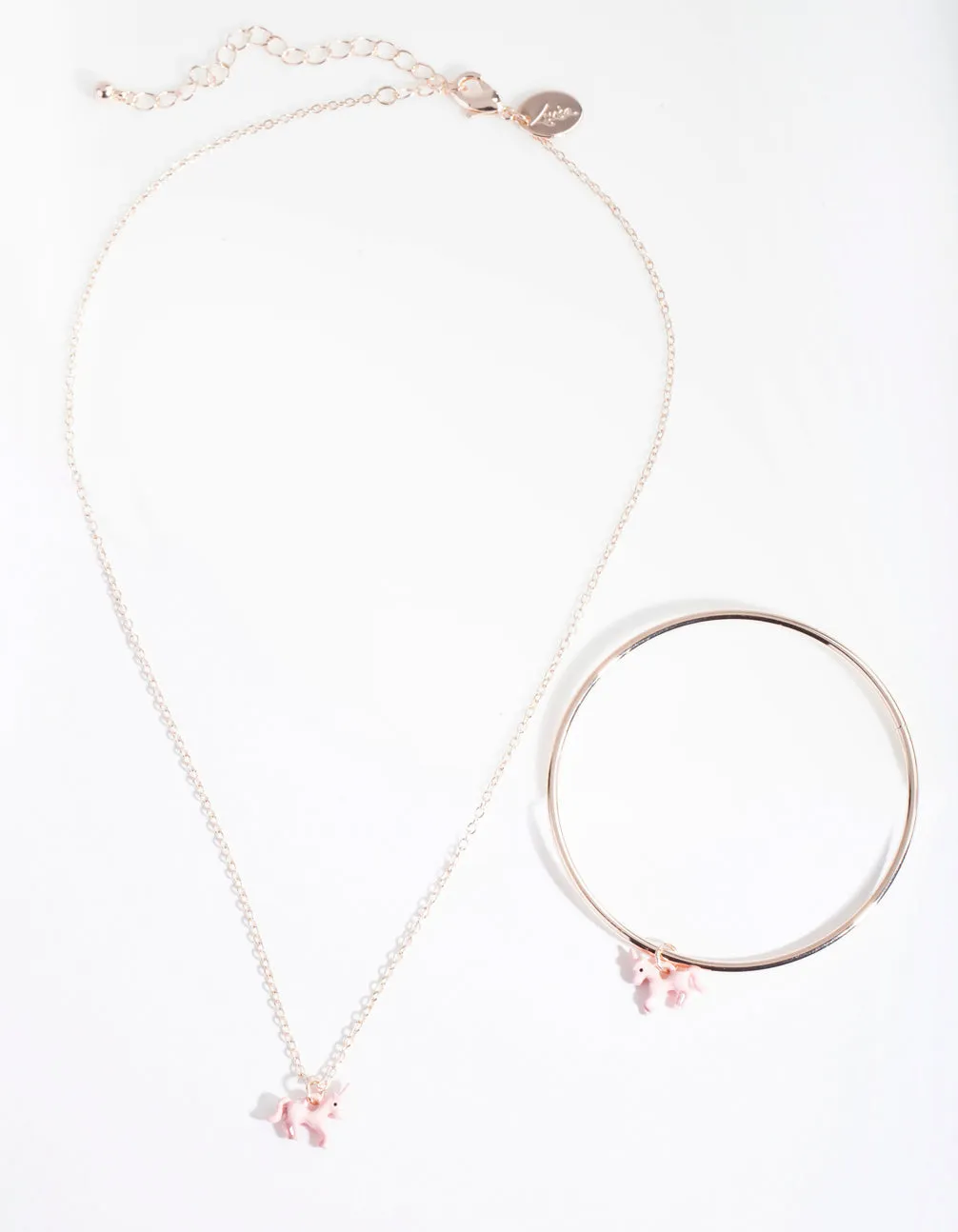 Kids Rose Gold Pink Unicorn Charm Necklace & Bangle Set