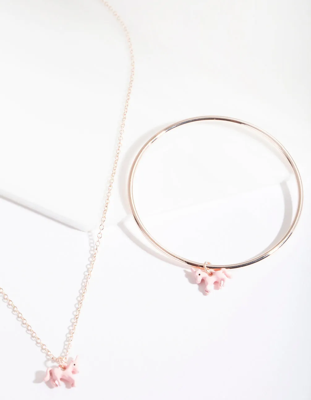 Kids Rose Gold Pink Unicorn Charm Necklace & Bangle Set