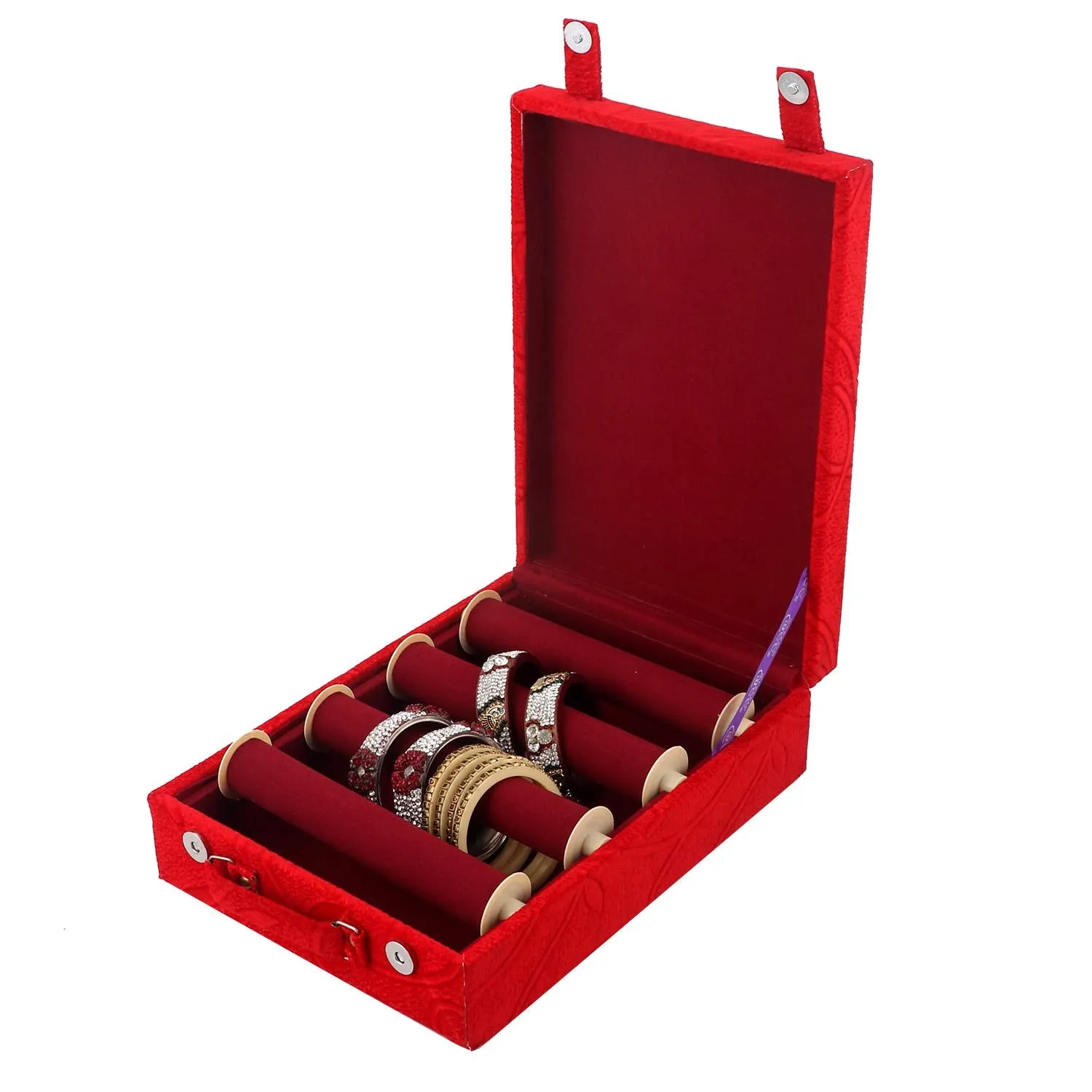 Kuber Industries Floral Design Wooden Four Rod Velvet Bangle Storage Box (Red) - CTKTC22720