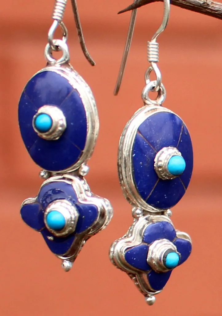 Lapis and Turquoise Inlaid Floral Dangle Silver Earrings