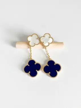 Lapis Lazuli and Mother of Pearl Quatrefoil Double Drop Earrings in Gold