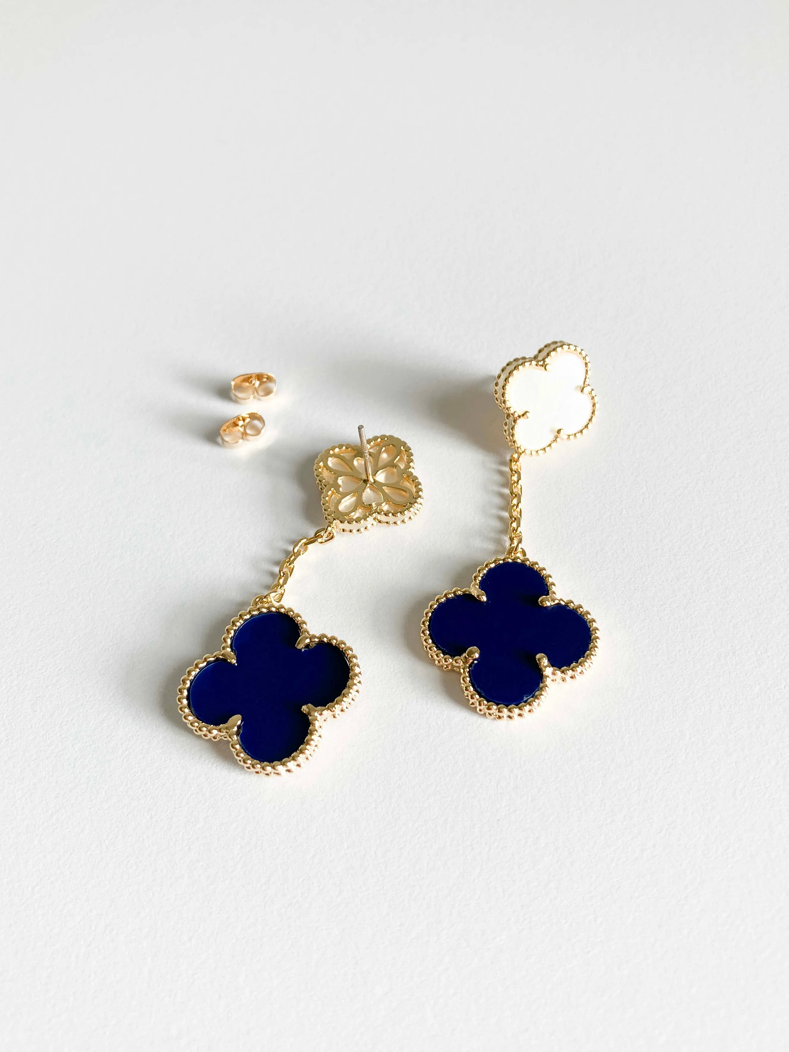 Lapis Lazuli and Mother of Pearl Quatrefoil Double Drop Earrings in Gold