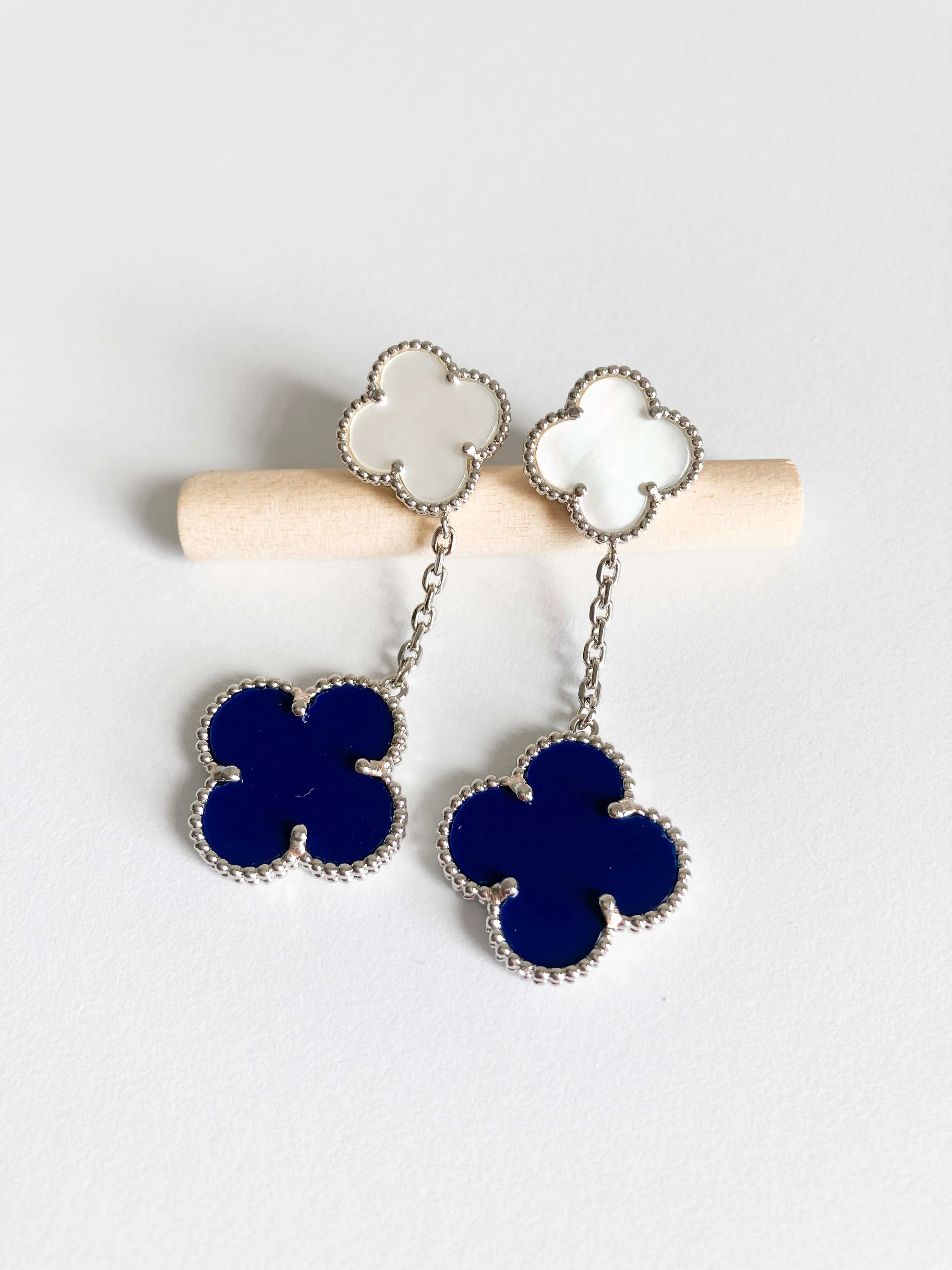 Lapis Lazuli and Mother of Pearl Quatrefoil Double Drop Earrings in Silver