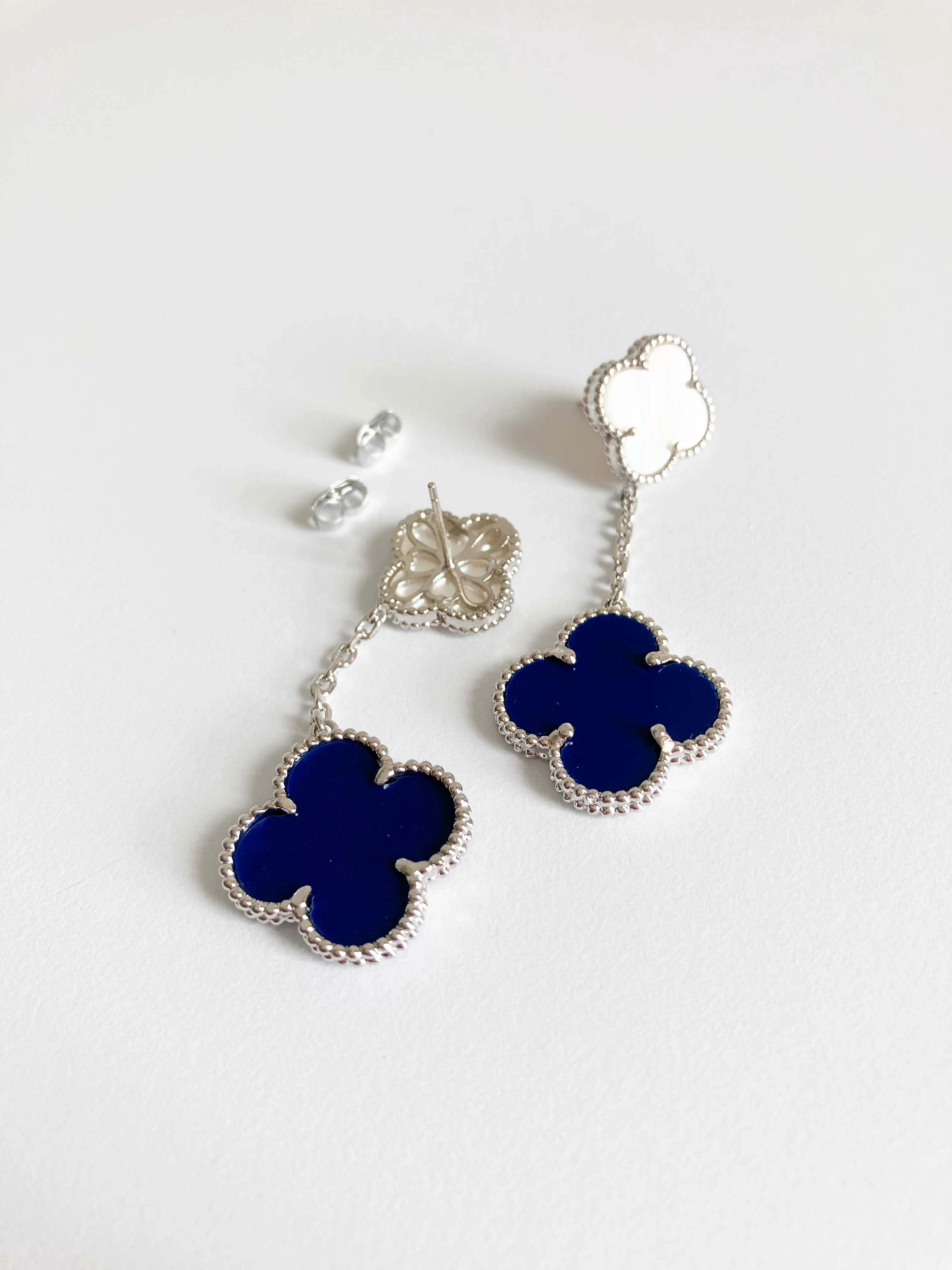 Lapis Lazuli and Mother of Pearl Quatrefoil Double Drop Earrings in Silver