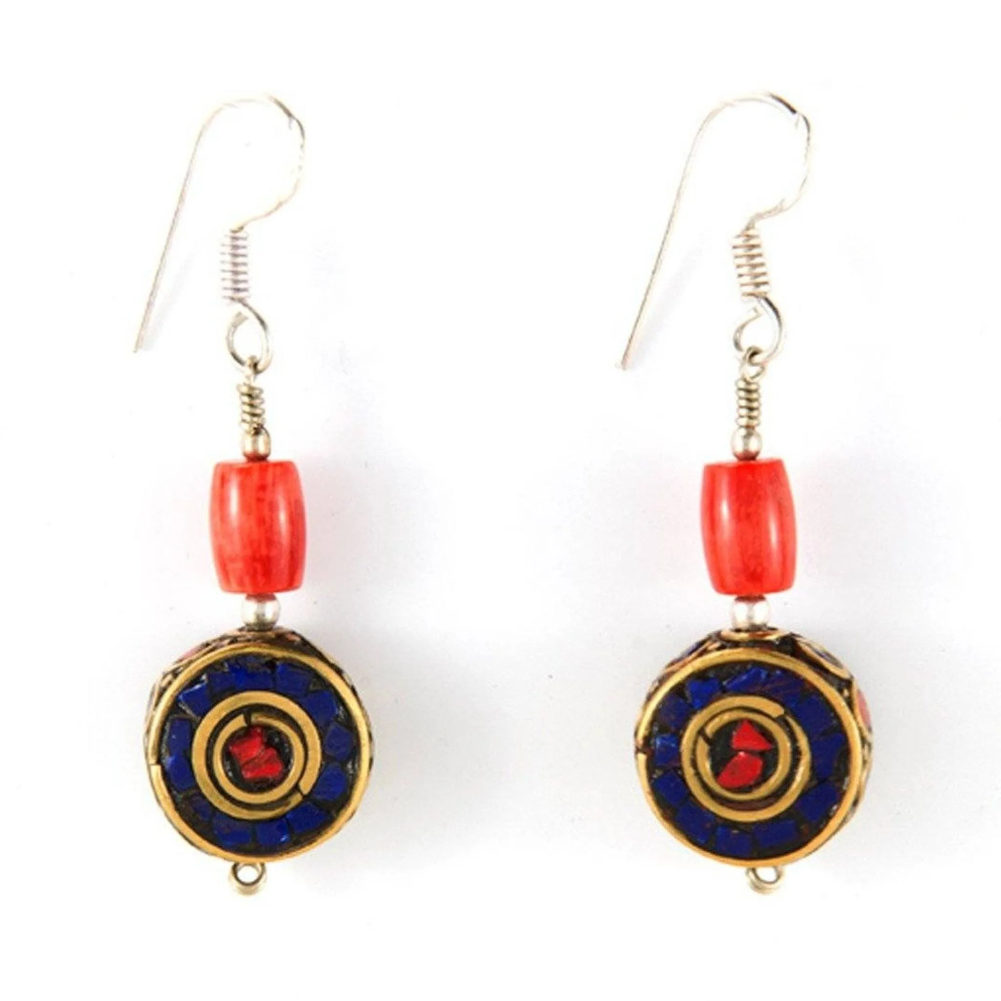 Lapis Lazuli Flat Bead Earrings with Coral Bead