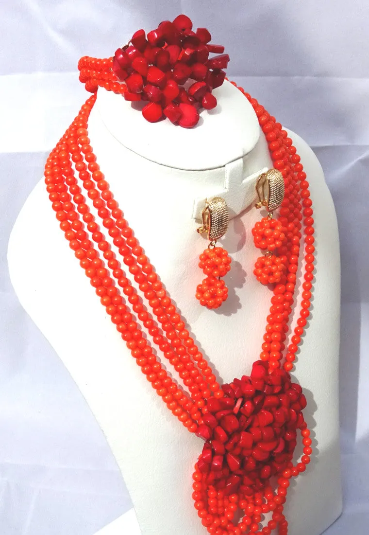 Layers Beads Necklace Jewellery Sets with Handmade Flower Brooch Coral Beads