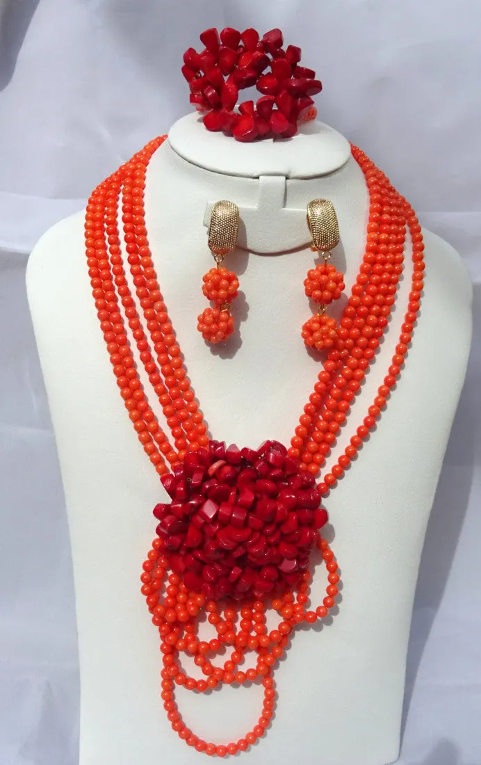 Layers Beads Necklace Jewellery Sets with Handmade Flower Brooch Coral Beads