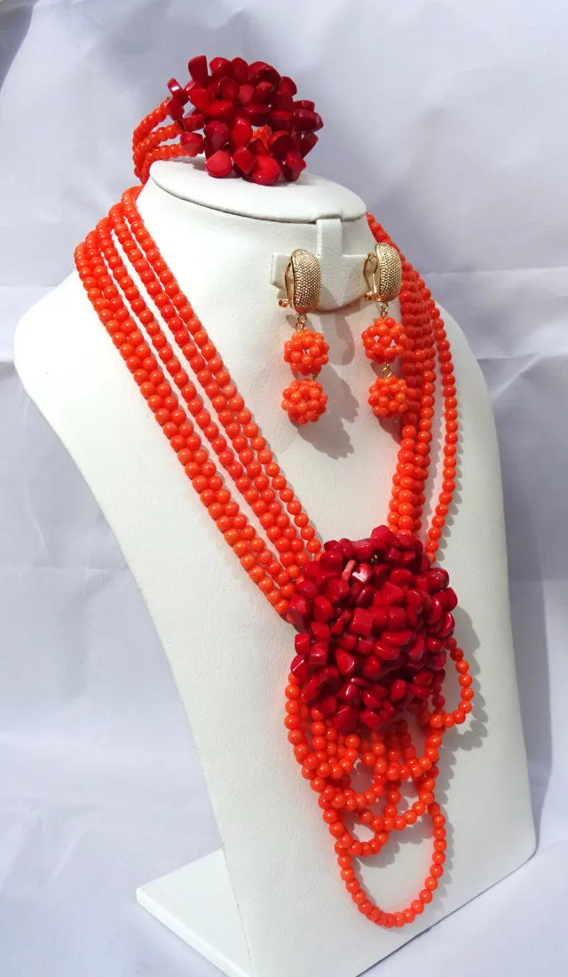 Layers Beads Necklace Jewellery Sets with Handmade Flower Brooch Coral Beads