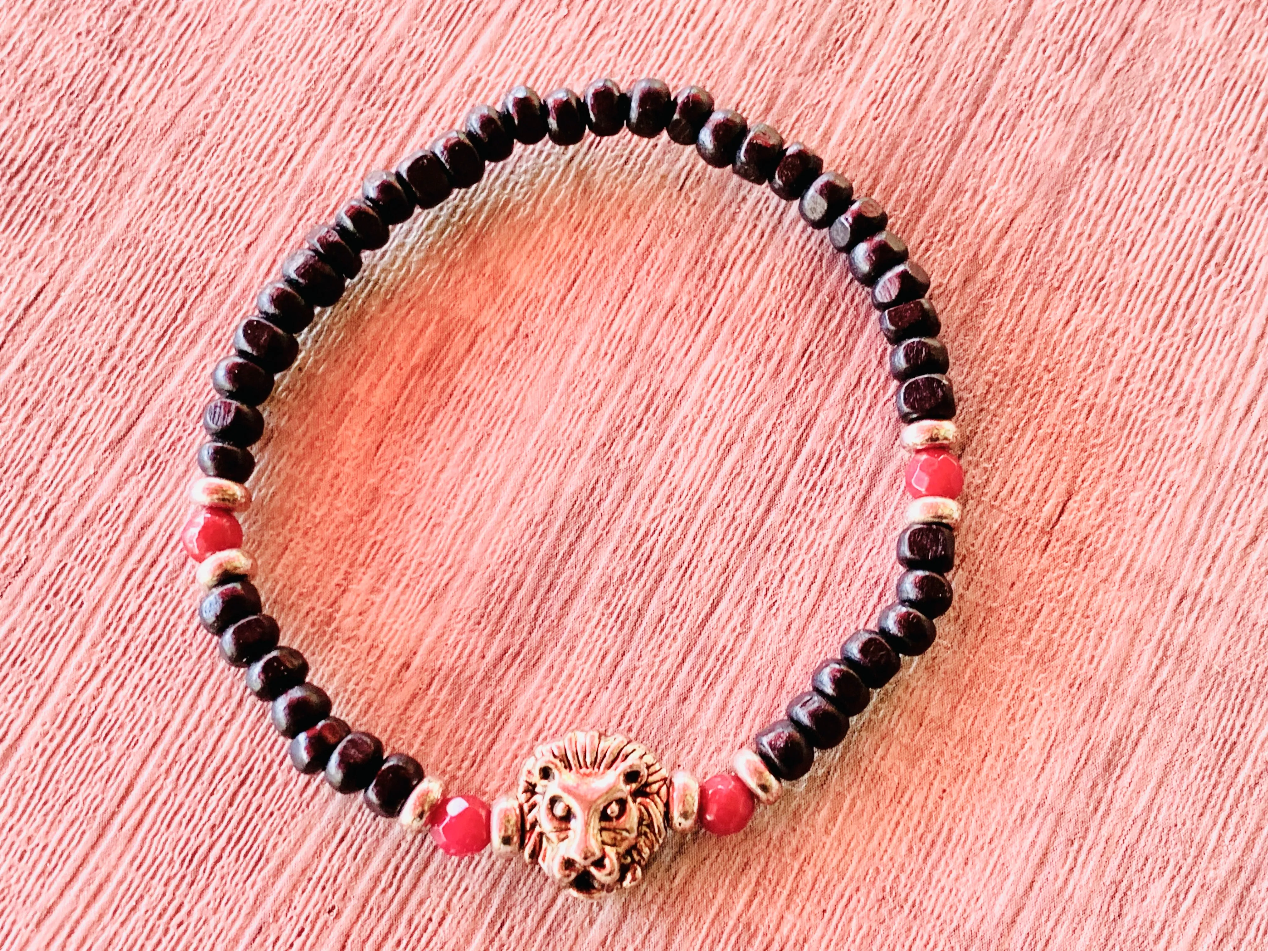 Leo Handmade Ruby, Gold Plated Hematite, and White Lava Or Black Wood Beaded Expandable Bracelet with Lion Charm