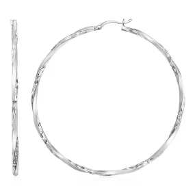 Matte and Textured Twisted Hoop Earrings in Sterling Silver 2.37 in