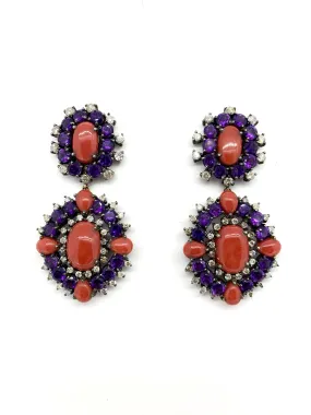 Mediterranean Coral, Amethyst and Diamond Earrings