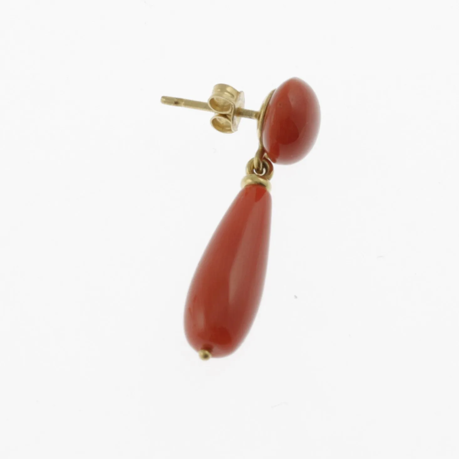 Meditteranean coral drop earrings on yellow gold stud