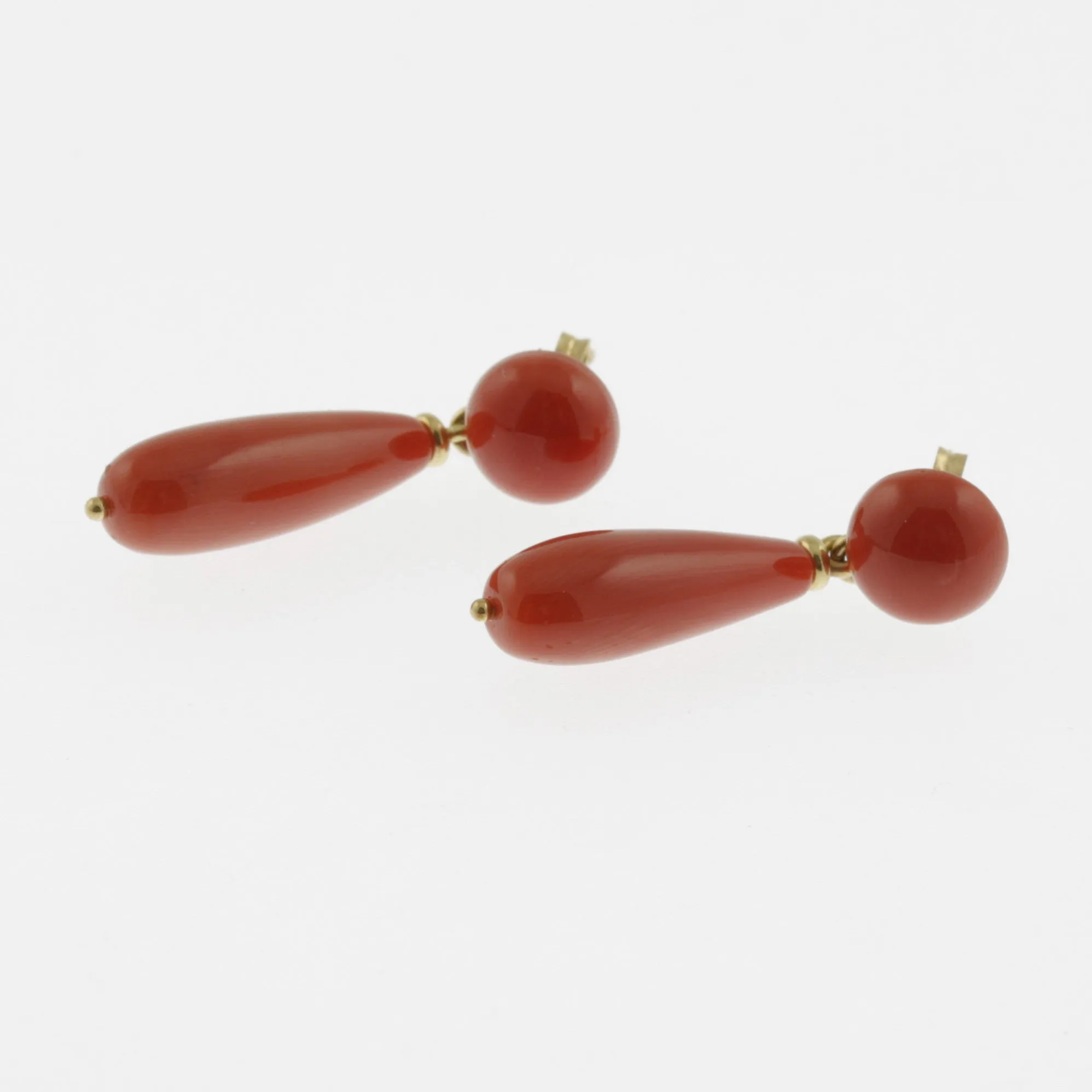 Meditteranean coral drop earrings on yellow gold stud