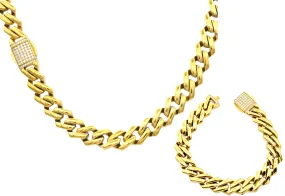 Mens 14mm Gold Plated Stainless Steel Monaco Link Chain Set With Cubic Zirconia Embedded Box Clasp