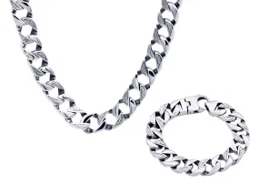 Mens 14mm Stainless Steel Pave Cuban Link Bracelet & Necklace Chain Set