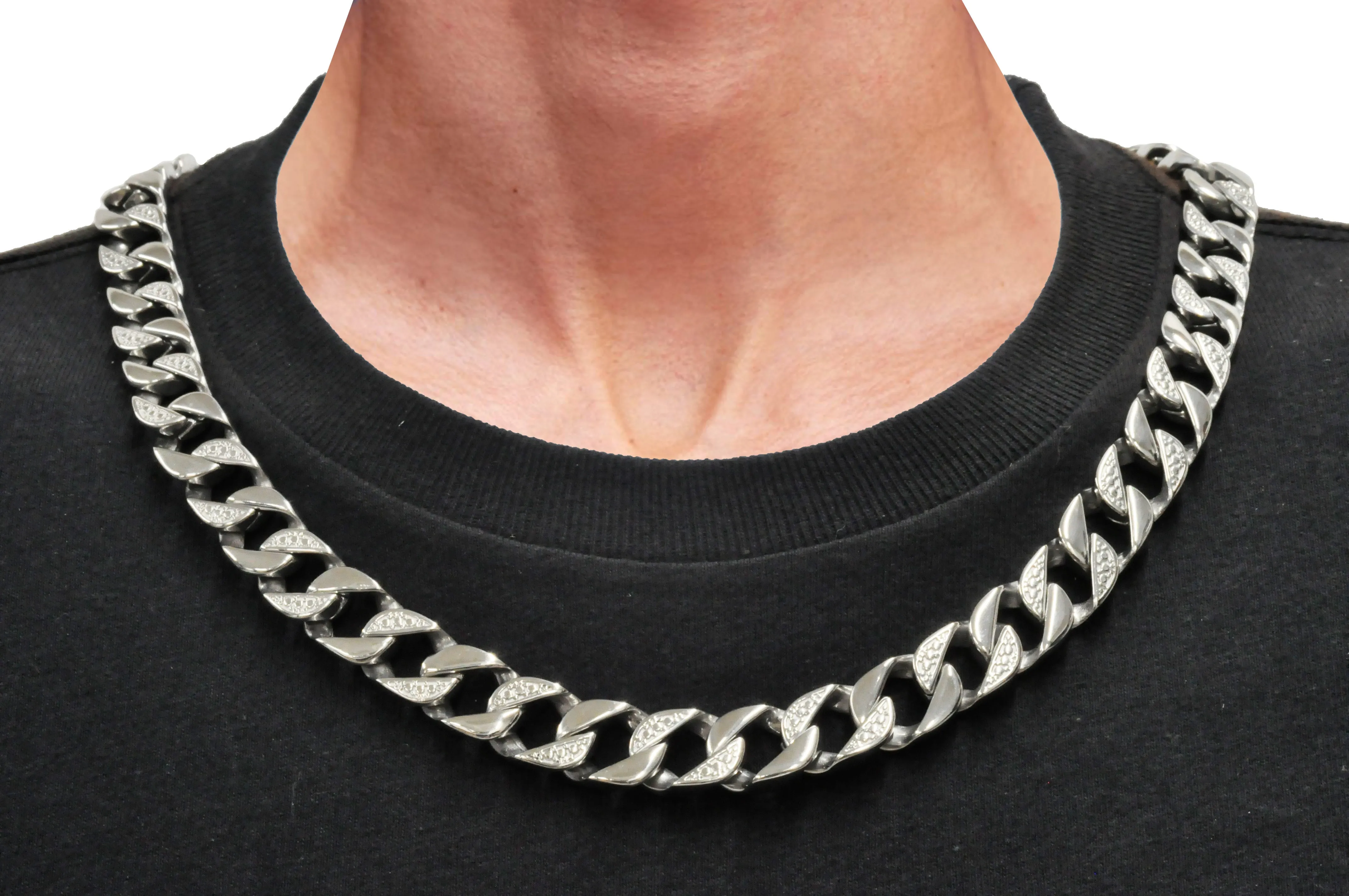 Mens 14mm Stainless Steel Pave Cuban Link Bracelet & Necklace Chain Set