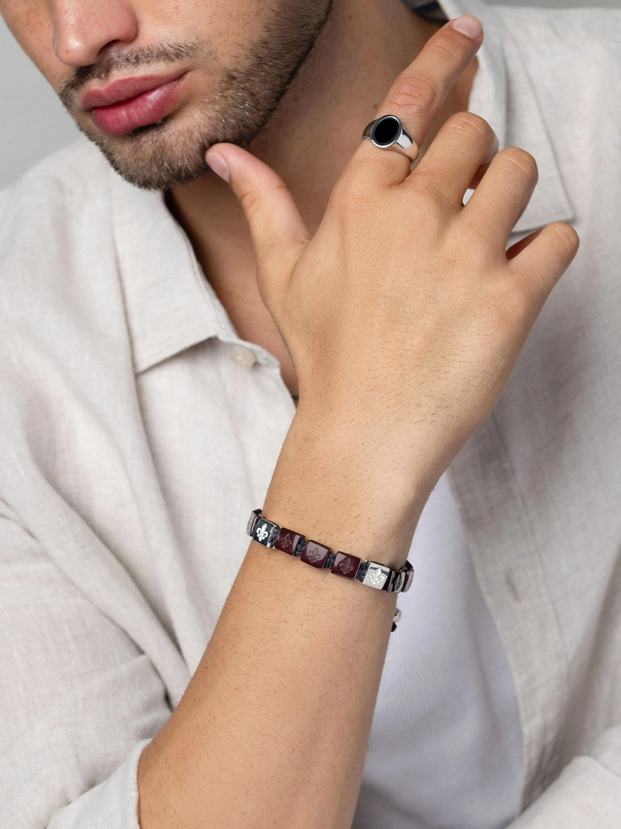 Men's Ceramic Flatbead Bracelet in Dark Red and Sterling Silver