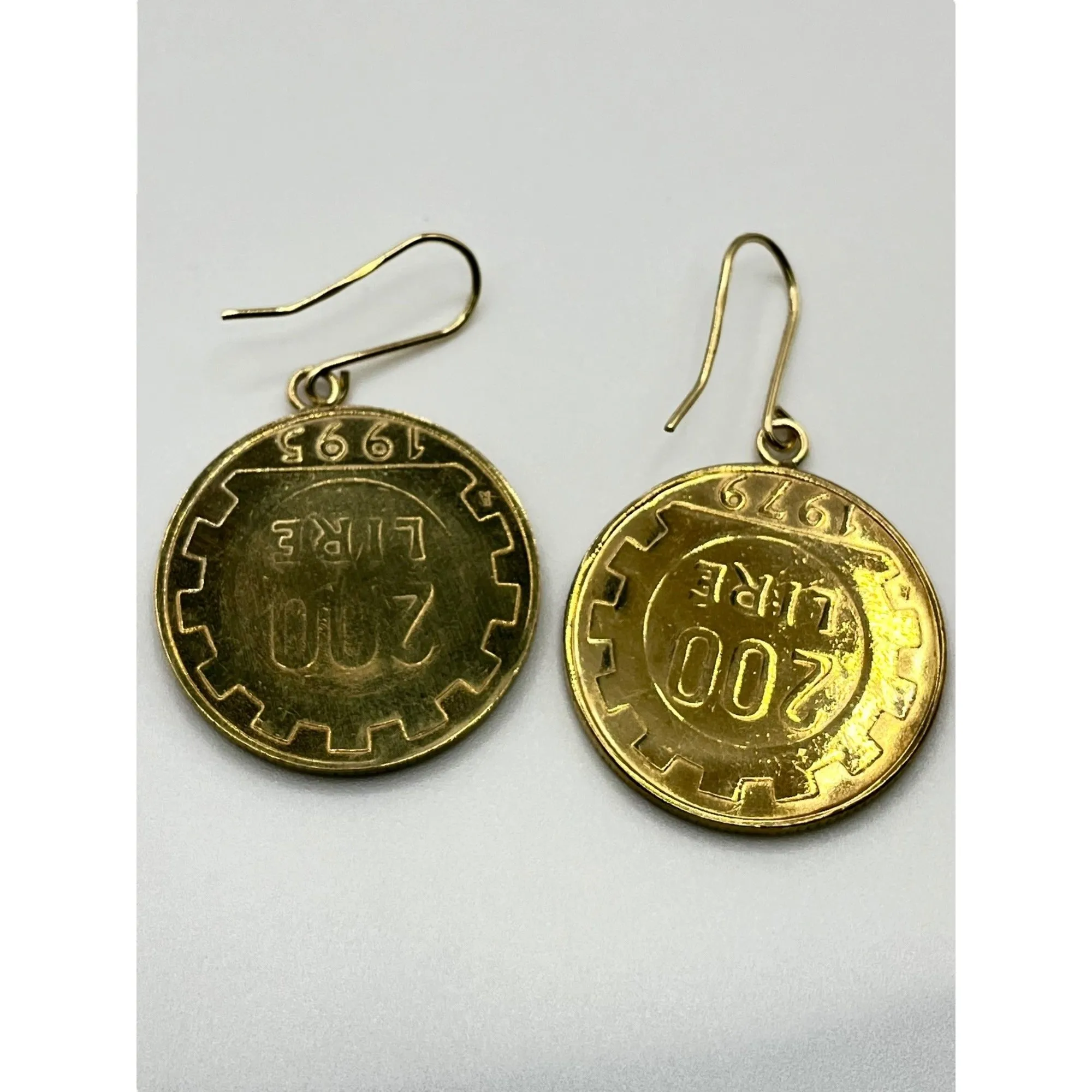 Milor Italy Sterling Gold Vermeil and 18k Gold Hooks Lire Coin Dangle Earrings