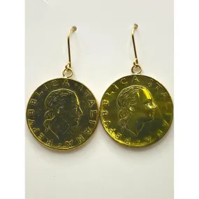 Milor Italy Sterling Gold Vermeil and 18k Gold Hooks Lire Coin Dangle Earrings