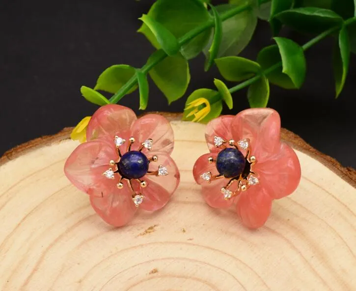 Natural Lapis Lazuli Watermelon Crystal Flower 925 Sterling Silver Stud Earrings