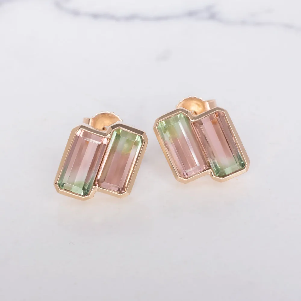 NATURAL WATERMELON TOURMALINE STUD EARRINGS 14k ROSE GOLD MINIMALIST BEZEL SET