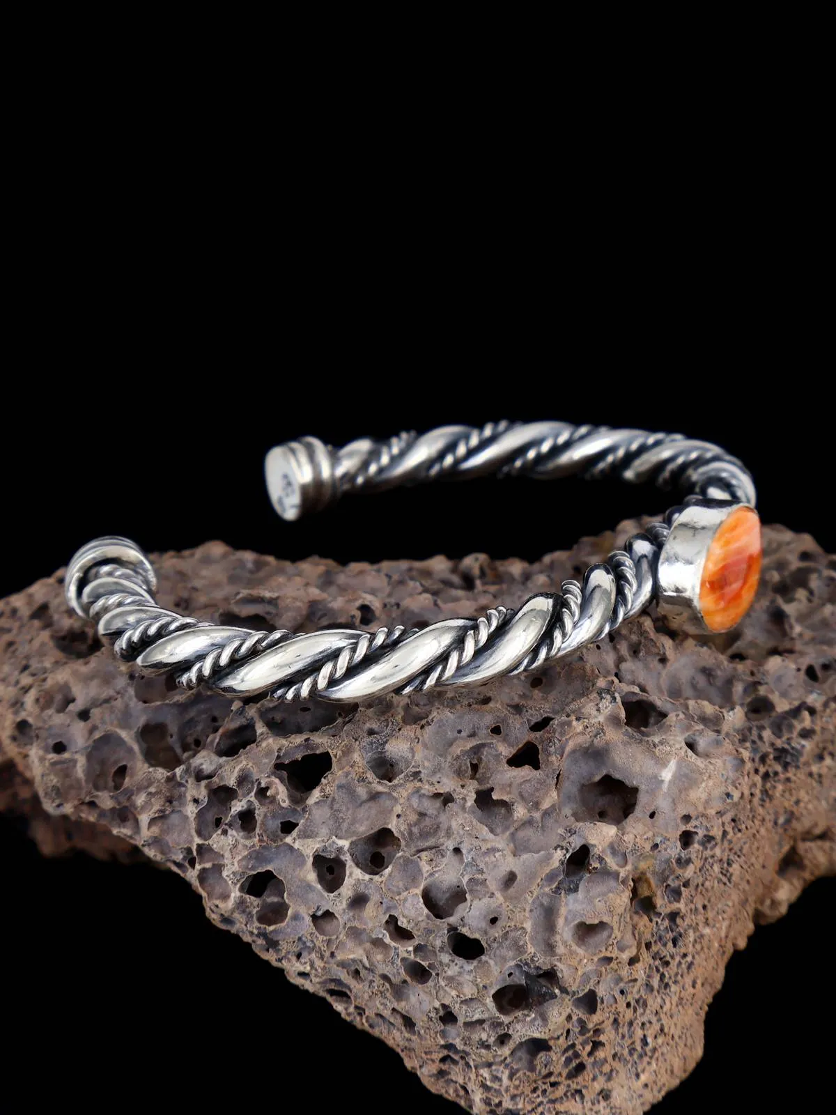 Navajo Orange Spiny Oyster Braided Sterling Silver Cuff Bracelet