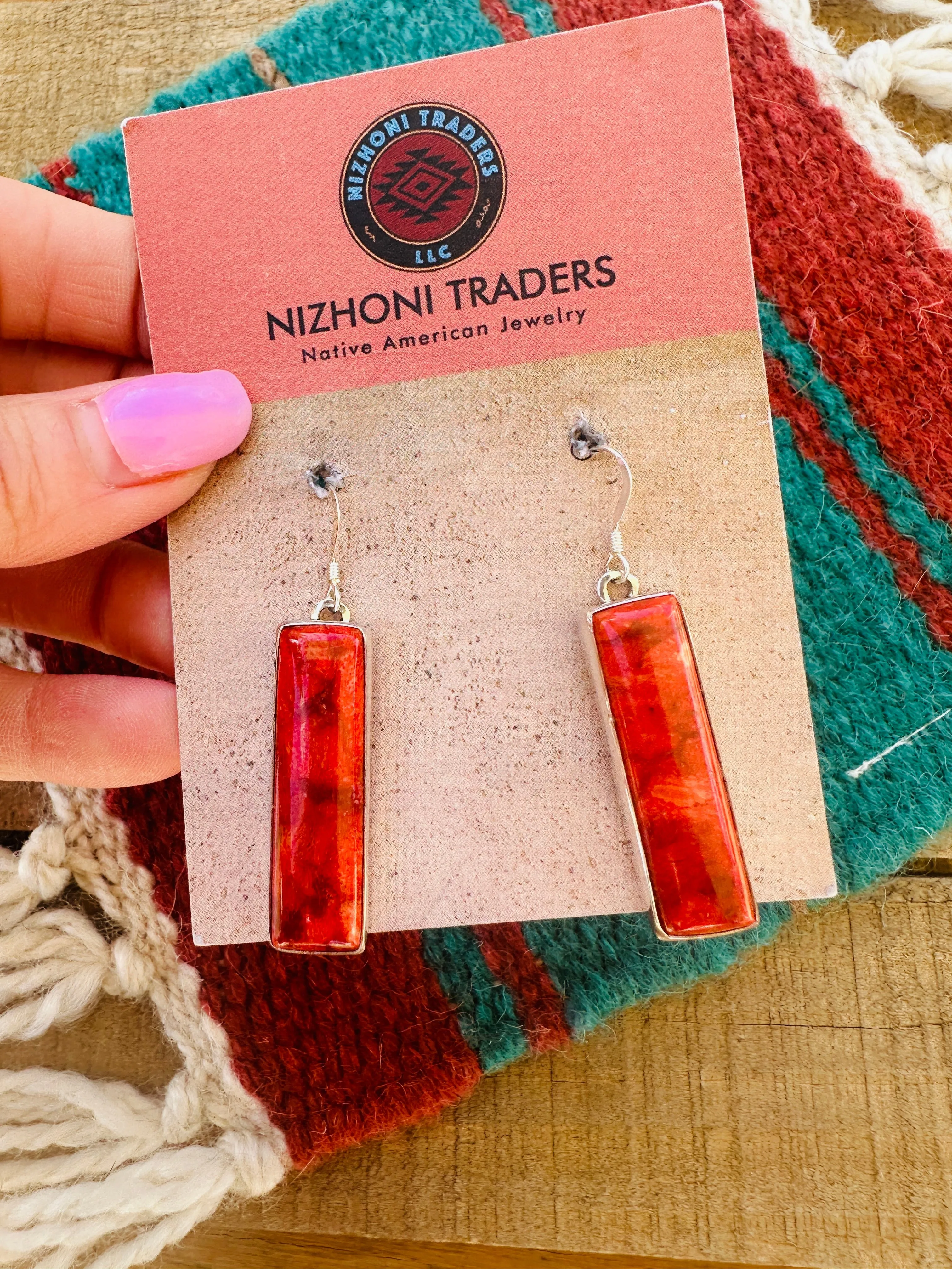 Navajo Sterling Silver Apple Coral Rectangle Dangle Earrings