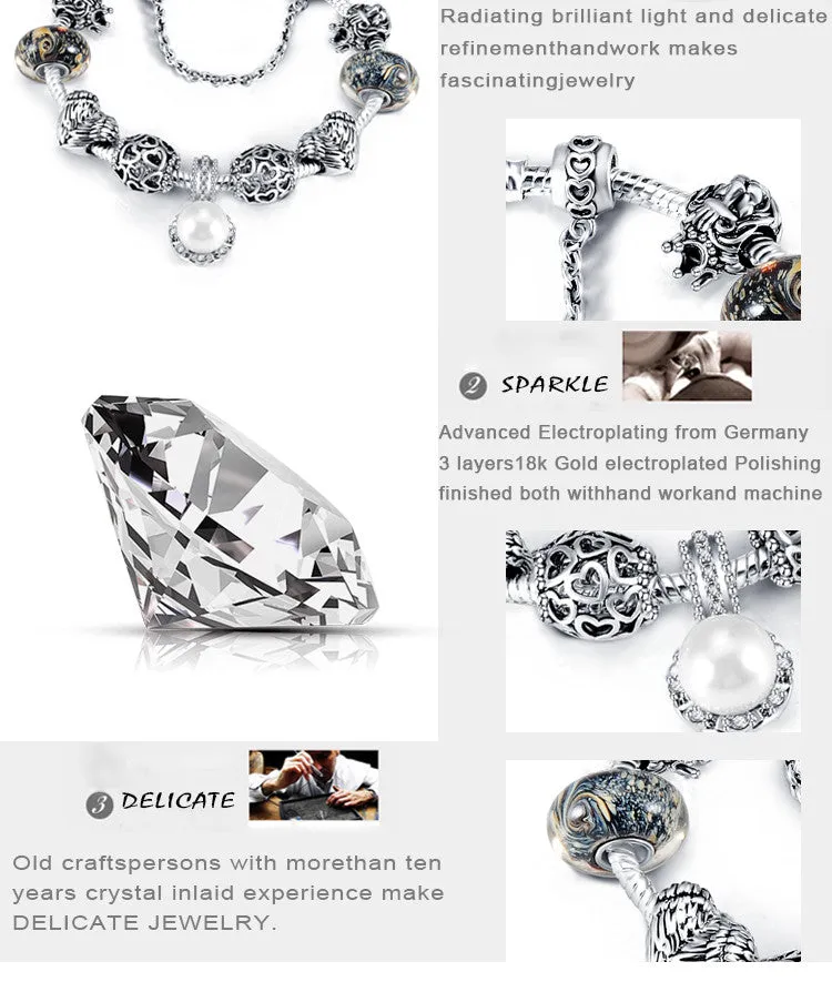 New Antique 925 Silver Charm Bangle & Bracelet with Love and Flower Crystal Ball for Women Wedding