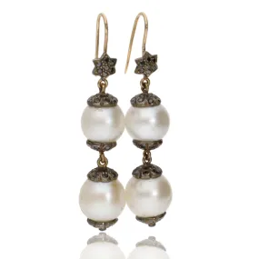 Oxidized Sterling Silver and 14K Gold Pearl and Diamond Drop Earrings