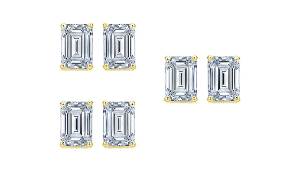 Paris jewelry 14k Yellow Gold 4mm 1/2Ct Emerald Cut White Sapphire Set Of Three Stud Earrings Plated