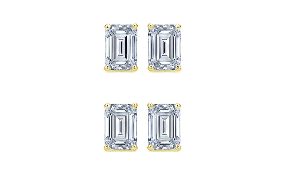 Paris jewelry 14k Yellow Gold 6mm 2Ct Emerald Cut White Sapphire Set Of Two Stud Earrings Plated